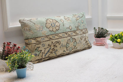 Blue Vintage Turkish Rug Pillow Cover: Handmade Wool Lumbar Pillow (12x24 inc)