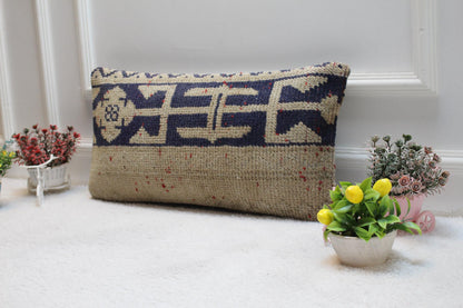 Geometric Turkish Rug Lumbar Pillow Cover: Handmade Wool, 12x24 inch