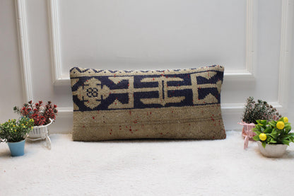 Geometric Turkish Rug Lumbar Pillow Cover: Handmade Wool, 12x24 inch