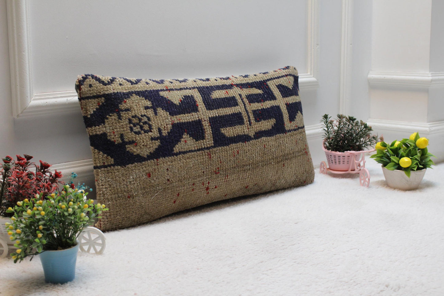 Geometric Turkish Rug Lumbar Pillow Cover: Handmade Wool, 12x24 inch