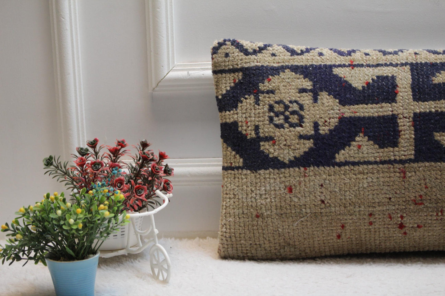 Geometric Turkish Rug Lumbar Pillow Cover: Handmade Wool, 12x24 inch