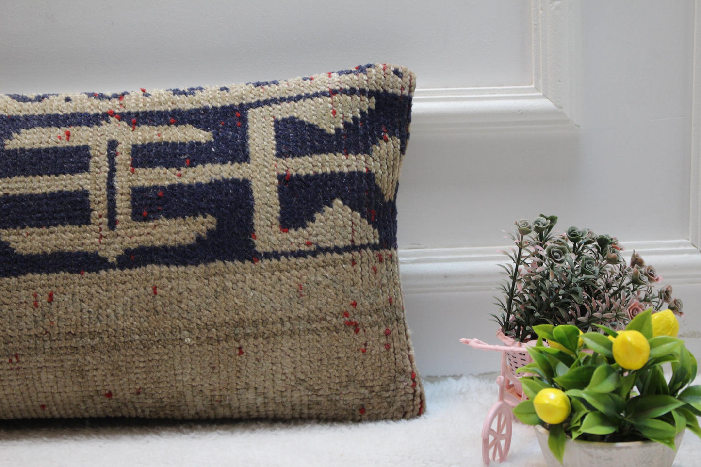 Geometric Turkish Rug Lumbar Pillow Cover: Handmade Wool, 12x24 inch