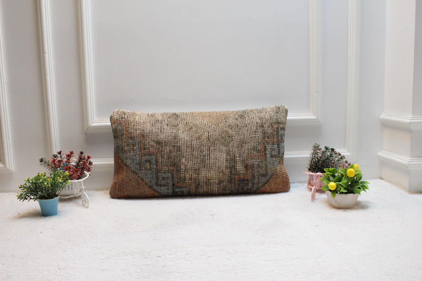 Handmade Turkish Rug Lumbar Pillow Cover: Organic Wool Boho Design (12x24 in)