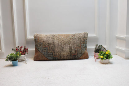 Handmade Turkish Rug Lumbar Pillow Cover: Organic Wool Boho Design (12x24 in)