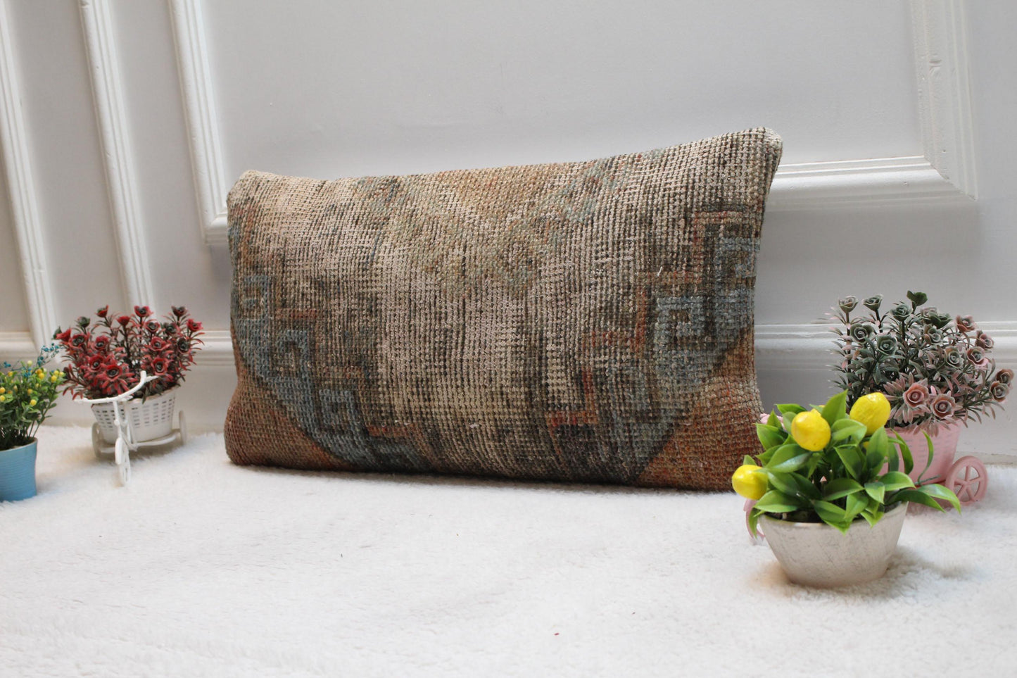 Handmade Turkish Rug Lumbar Pillow Cover: Organic Wool Boho Design (12x24 in)