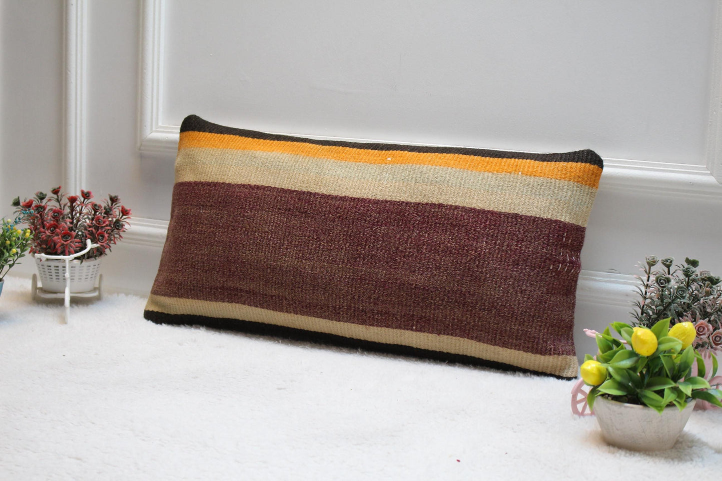Vintage Kilim Pillow Cover: Organic Wool Boho Lumbar Pillow, 12x24