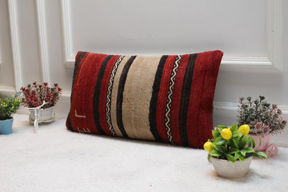 Handmade Striped Kilim Pillow Cover: Red & Beige Boho Decor (12x24 in)