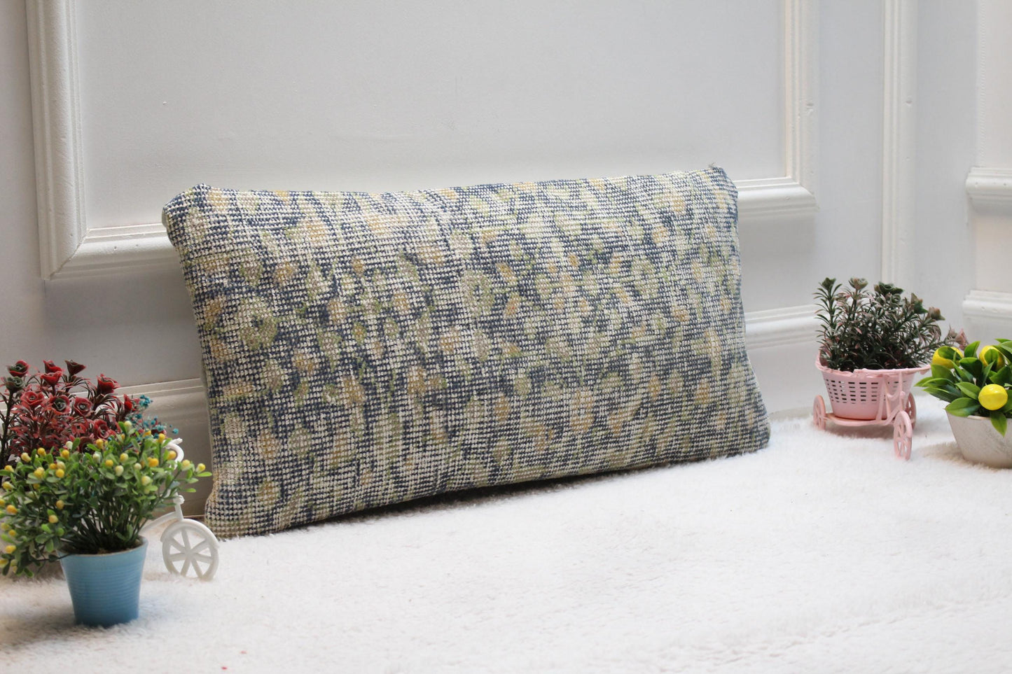 Handmade Kilim Lumbar Pillow Cover: Blue & Green Boho Design (12x24 inc)