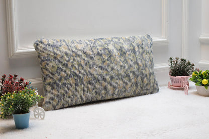 Handmade Kilim Lumbar Pillow Cover: Blue & Green Boho Design (12x24 inc)