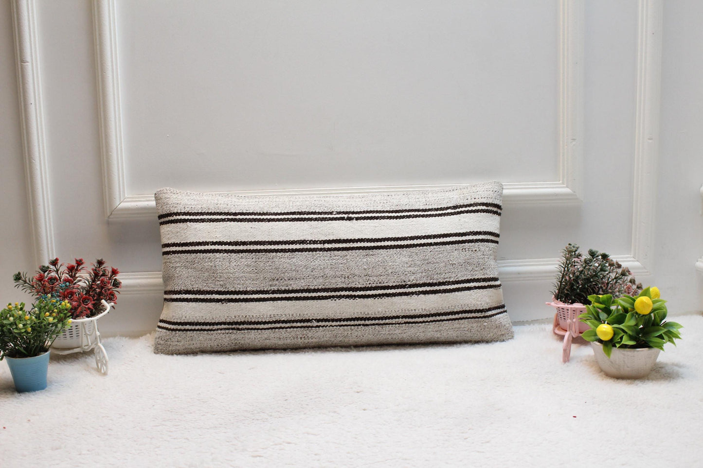 Handmade Kilim Lumbar Pillow Cover: White & Gray Boho Decor (12x24 in)