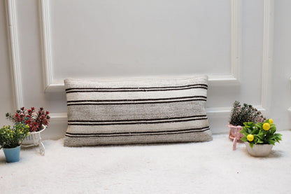 Handmade Kilim Lumbar Pillow Cover: White & Gray Boho Decor (12x24 in)