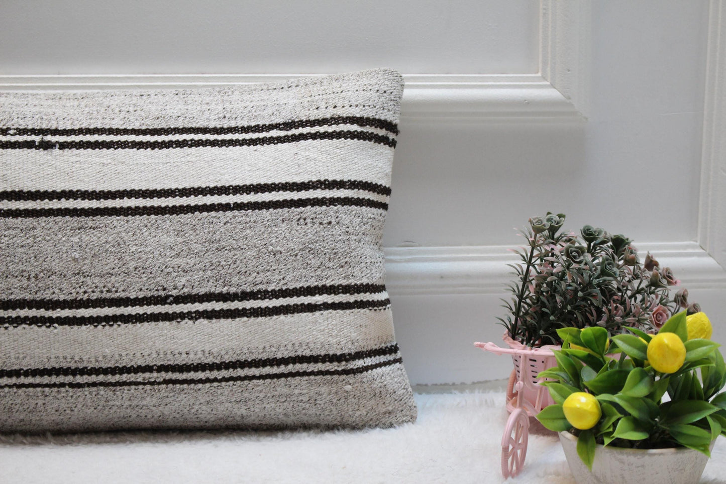 Handmade Kilim Lumbar Pillow Cover: White & Gray Boho Decor (12x24 in)