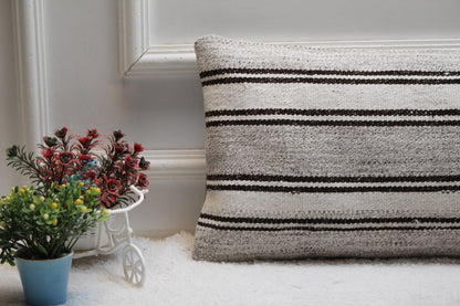 Handmade Kilim Lumbar Pillow Cover: White & Gray Boho Decor (12x24 in)
