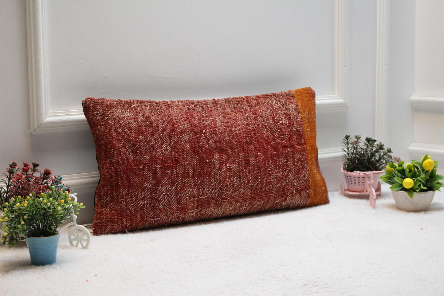 Red Kilim Pillow Cover (12x24 in): Vintage Woven Wool Lumbar Pillow