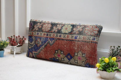 Handmade Turkish Rug Lumbar Pillow Cover: Vintage Anatolian Design, 12x24 inch