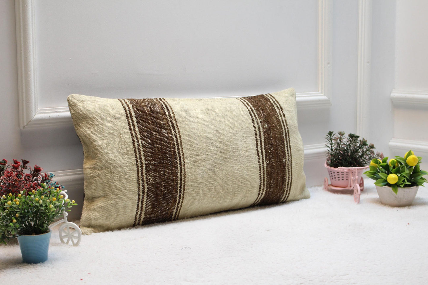 Striped Kilim Pillow Cover: Vintage Anatolian Wool, Beige & Brown (12X24 in)