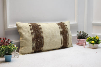 Striped Kilim Pillow Cover: Vintage Anatolian Wool, Beige & Brown (12X24 in)