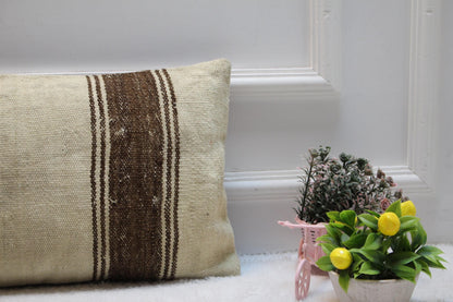 Striped Kilim Pillow Cover: Vintage Anatolian Wool, Beige & Brown (12X24 in)