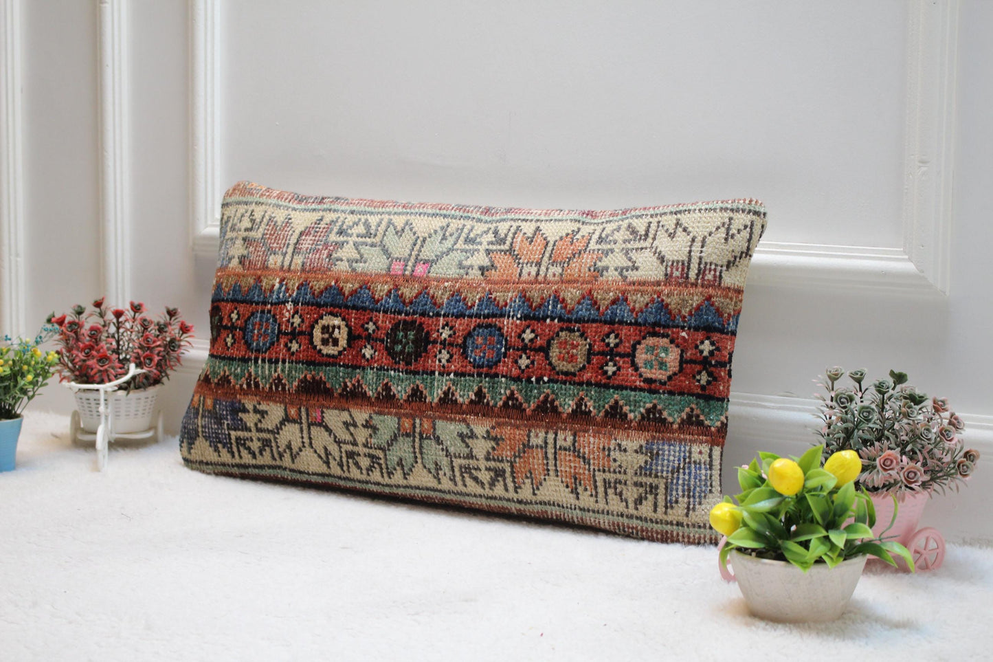 Handmade Kilim Lumbar Pillow Cover: Turkish Rug Design (12x24 in)