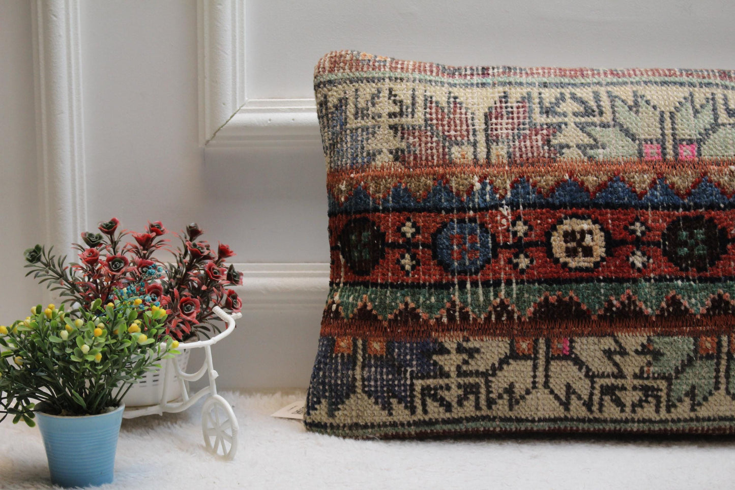 Handmade Kilim Lumbar Pillow Cover: Turkish Rug Design (12x24 in)