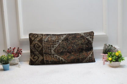 Handmade Turkish Rug Lumbar Pillow Cover: Vintage Woven Wool (12x24 in)