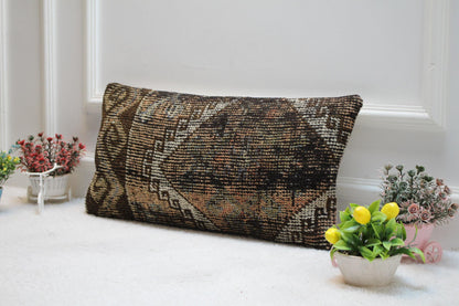 Handmade Turkish Rug Lumbar Pillow Cover: Vintage Woven Wool (12x24 in)