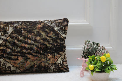Handmade Turkish Rug Lumbar Pillow Cover: Vintage Woven Wool (12x24 in)