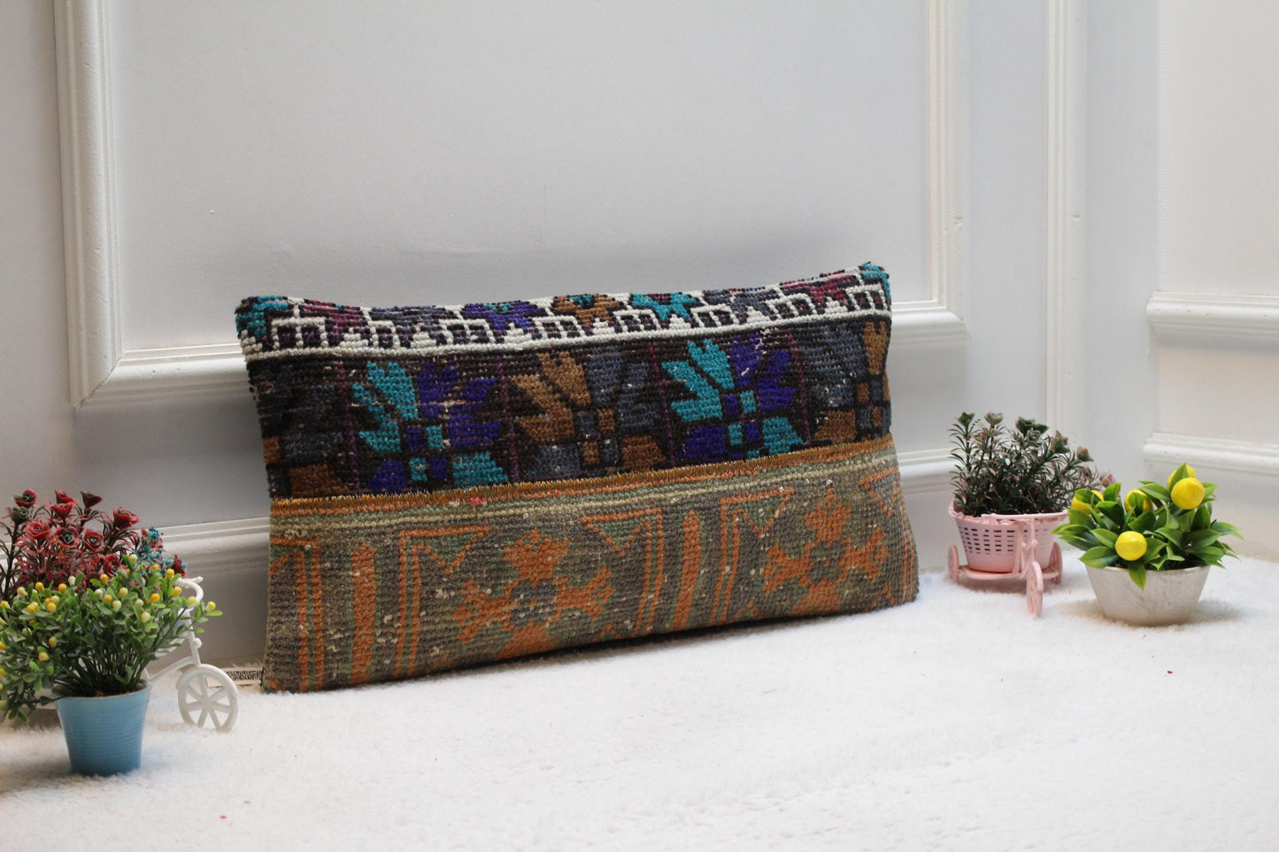 Handmade Vintage Turkish Rug Pillow Cover: Patchwork Lumbar Pillow (12x24 in)