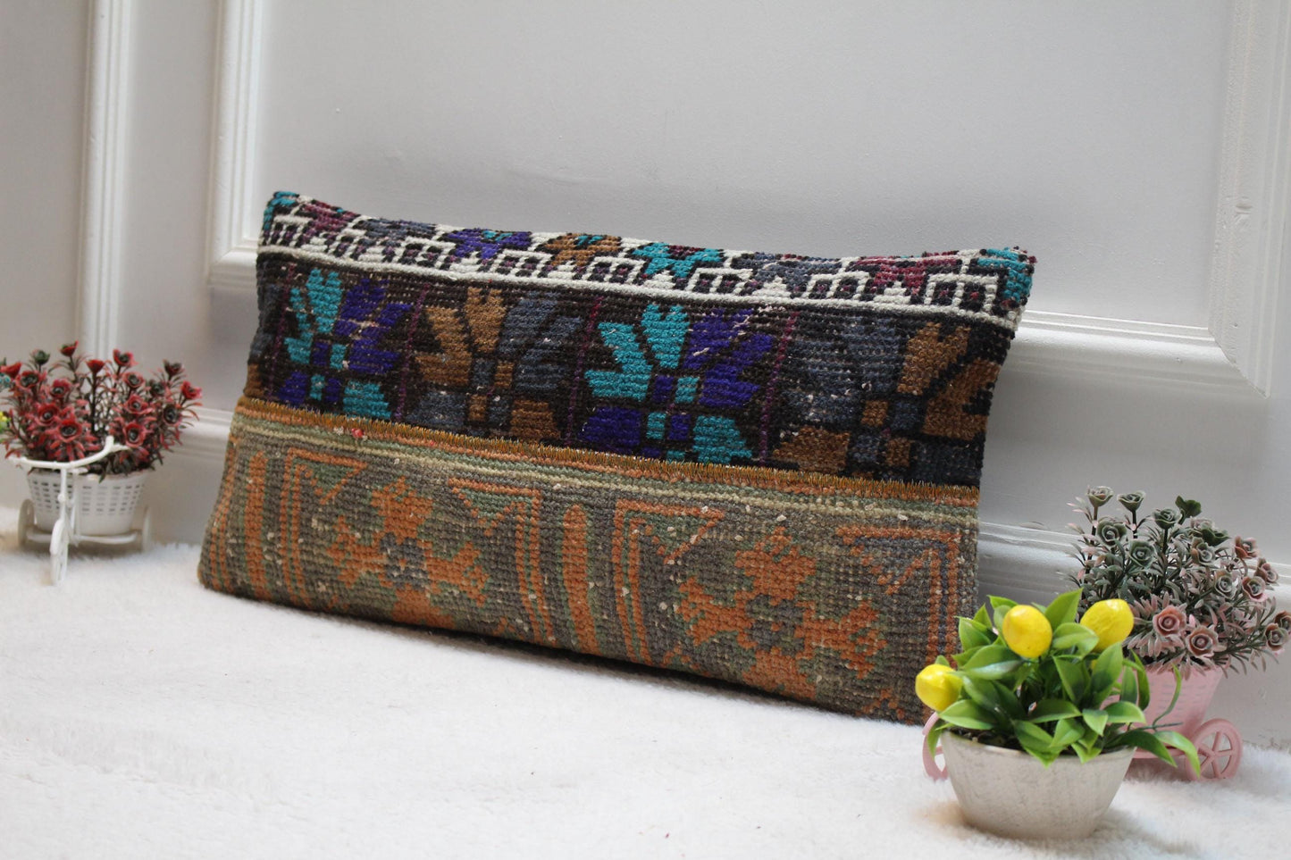 Handmade Vintage Turkish Rug Pillow Cover: Patchwork Lumbar Pillow (12x24 in)