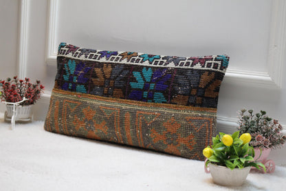 Handmade Vintage Turkish Rug Pillow Cover: Patchwork Lumbar Pillow (12x24 in)