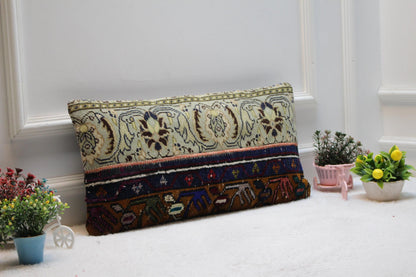 Handmade Turkish Rug Lumbar Pillow Cover: Vintage Patchwork Design (12x24 in)