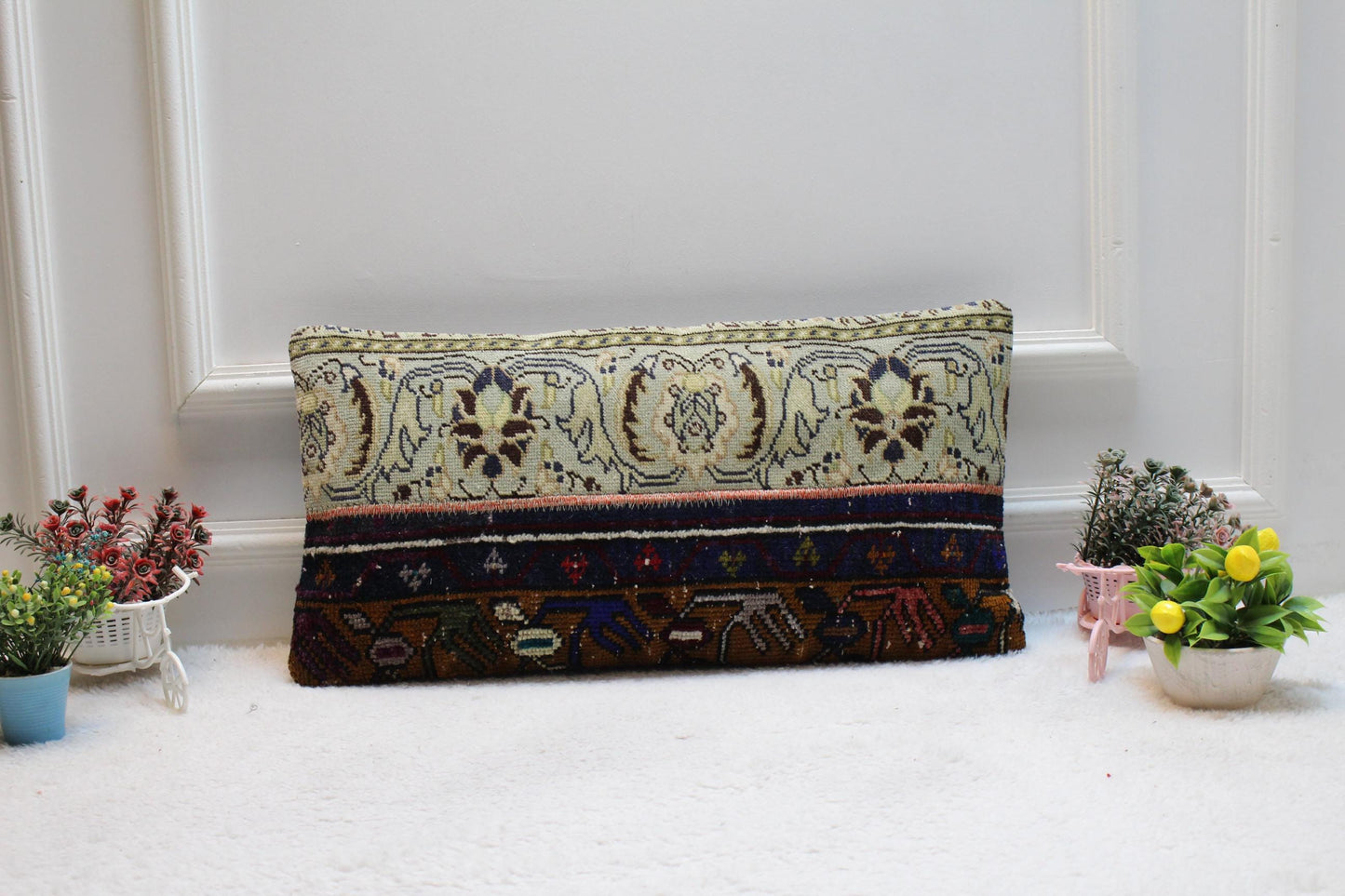Handmade Turkish Rug Lumbar Pillow Cover: Vintage Patchwork Design (12x24 in)