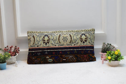 Handmade Turkish Rug Lumbar Pillow Cover: Vintage Patchwork Design (12x24 in)