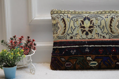 Handmade Turkish Rug Lumbar Pillow Cover: Vintage Patchwork Design (12x24 in)