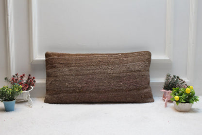 Handmade Brown Kilim Pillow Cover: Vintage Woven Wool, 12x24 inch