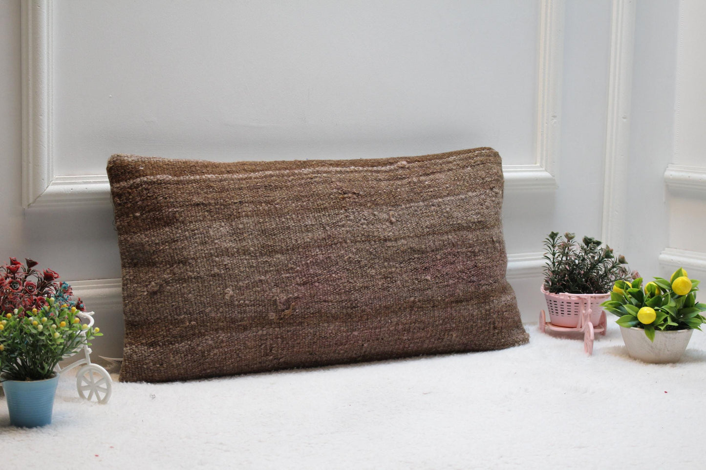 Handmade Brown Kilim Pillow Cover: Vintage Woven Wool, 12x24 inch
