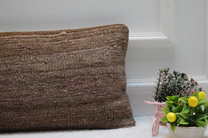 Handmade Brown Kilim Pillow Cover: Vintage Woven Wool, 12x24 inch