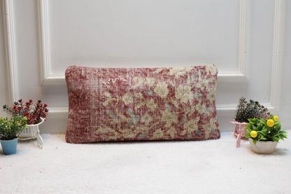 Floral Kilim Lumbar Pillow Cover: Organic Wool Turkish Rug (12x24 in)