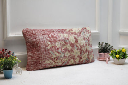 Floral Kilim Lumbar Pillow Cover: Organic Wool Turkish Rug (12x24 in)