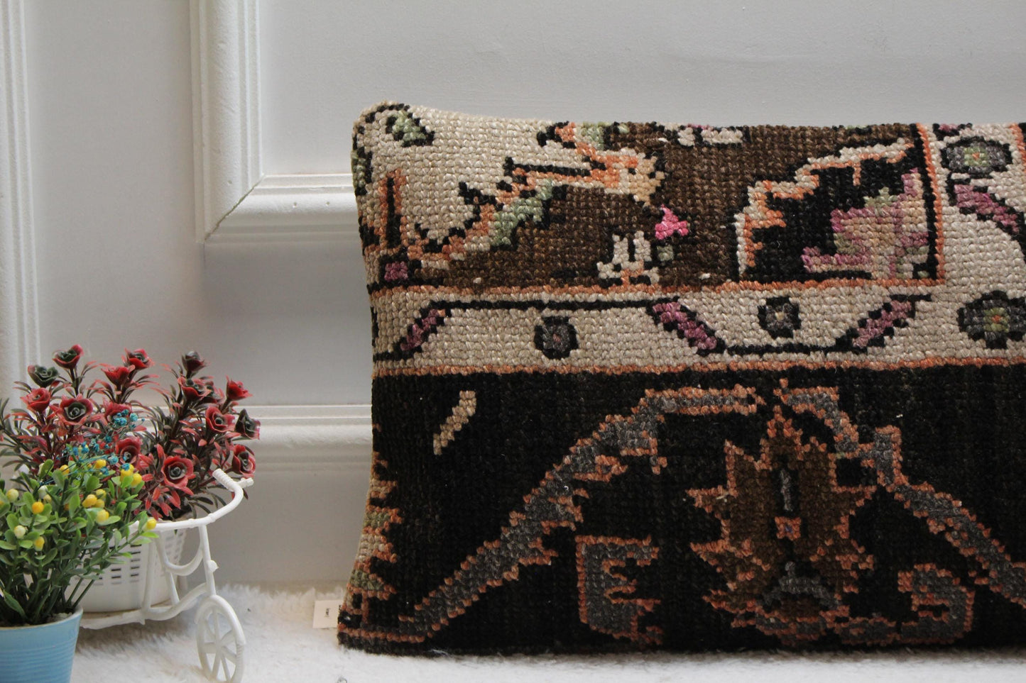 Handmade Wool Lumbar Pillow Cover: Boho Anatolian Design, 12x24 inch