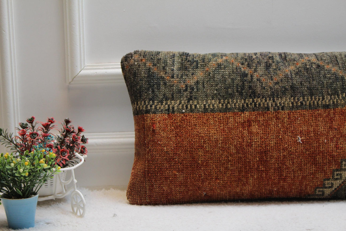Handmade Turkish Rug Pillow Cover: Vintage Woven Wool Lumbar Pillow (12x24 inc)