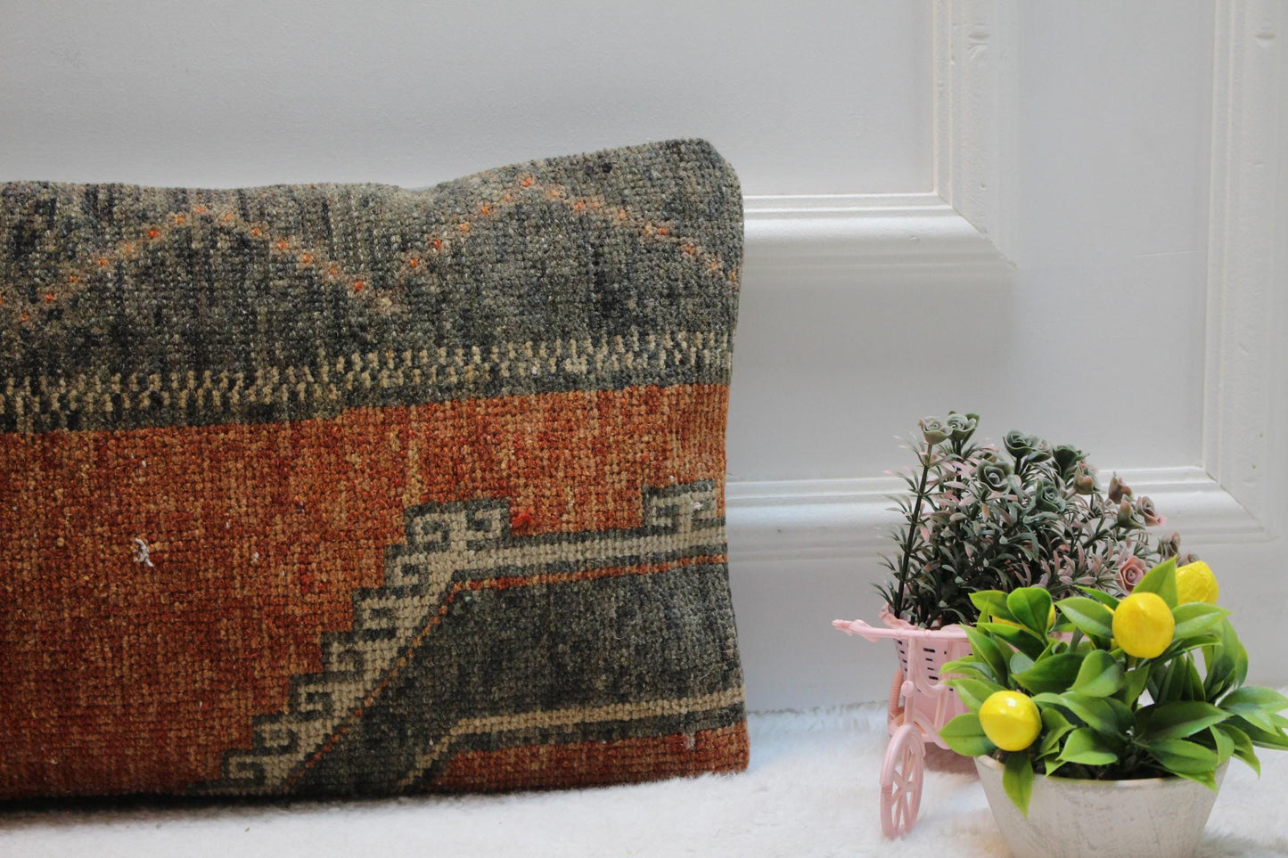 Handmade Turkish Rug Pillow Cover: Vintage Woven Wool Lumbar Pillow (12x24 inc)