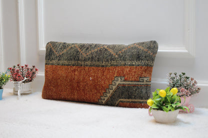Handmade Turkish Rug Pillow Cover: Vintage Woven Wool Lumbar Pillow (12x24 inc)