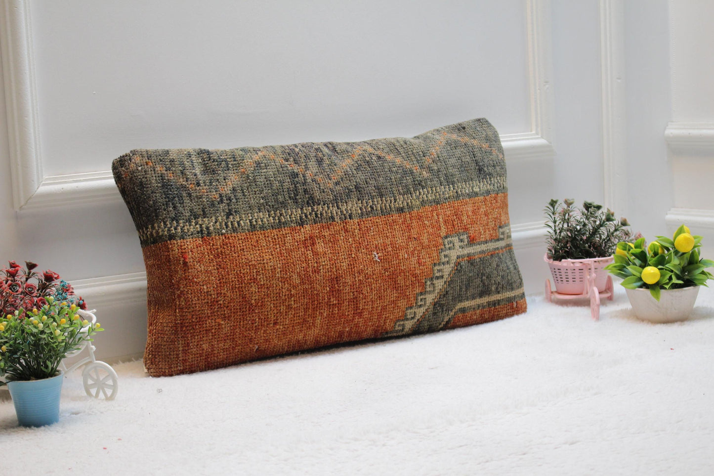 Handmade Turkish Rug Pillow Cover: Vintage Woven Wool Lumbar Pillow (12x24 inc)