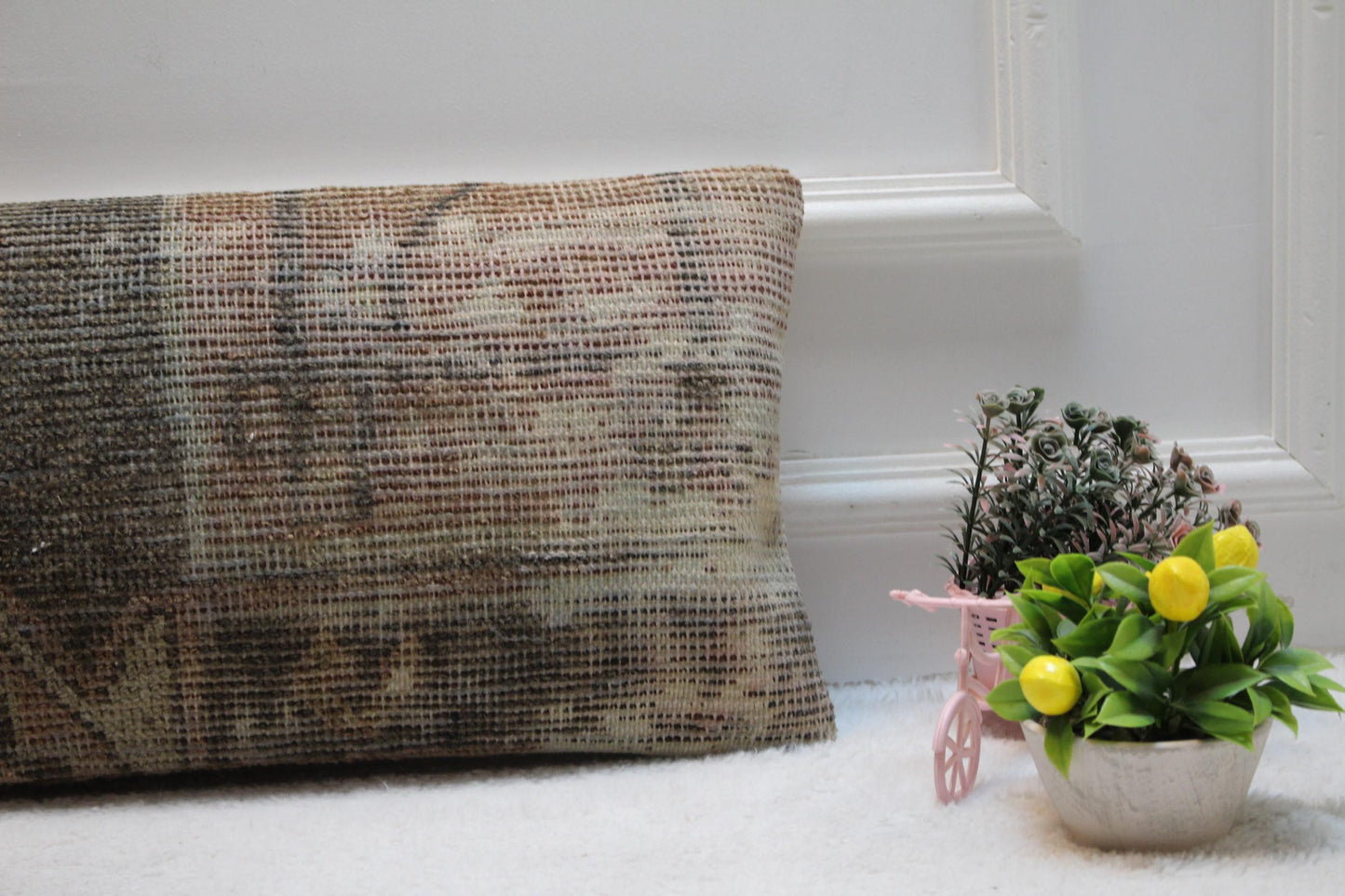 Handmade Turkish Rug Lumbar Pillow Cover: Geometric Boho Design (12x24in)