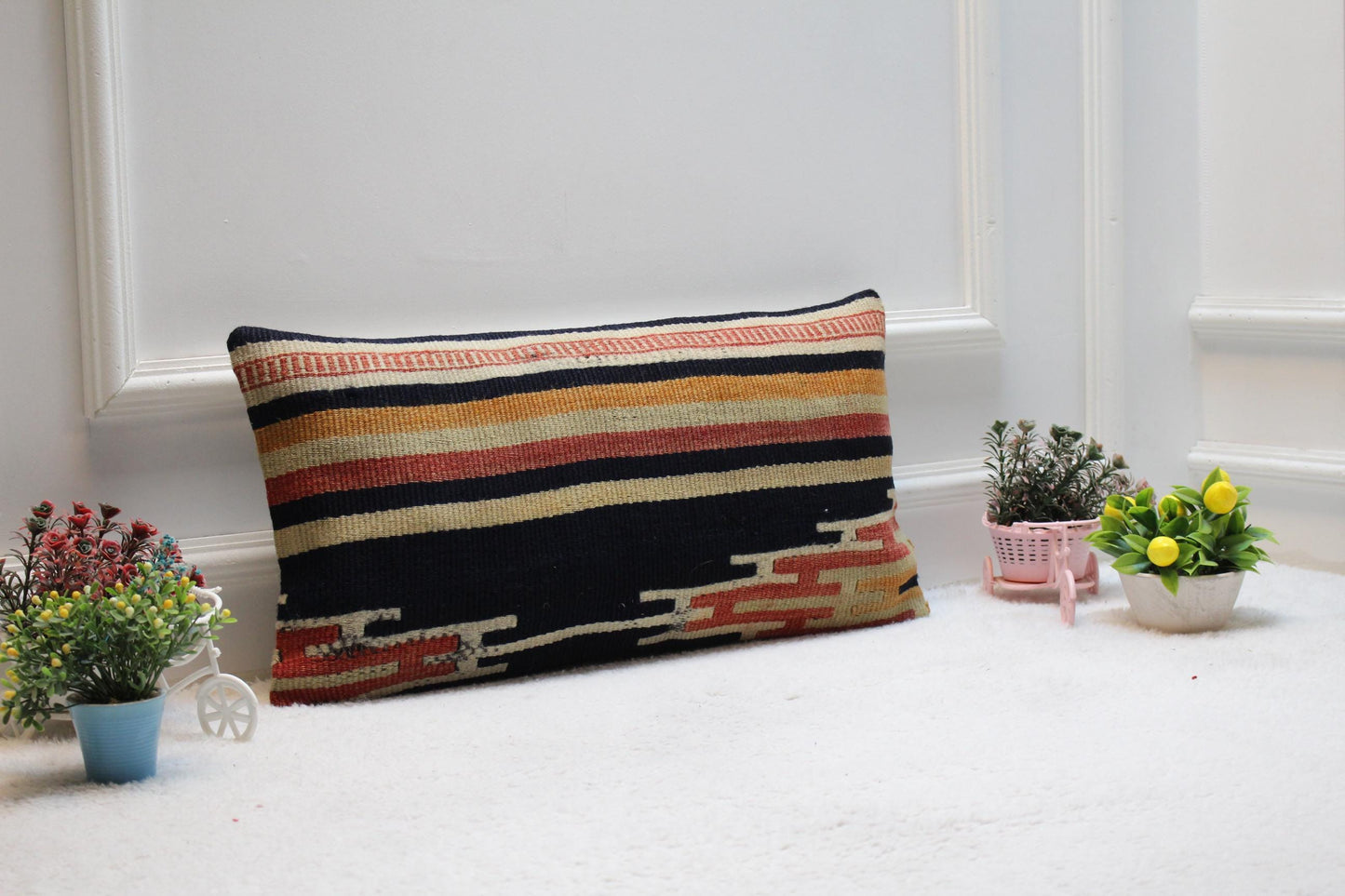 Striped Kilim Lumbar Pillow Cover: Organic Wool Turkish Pillow Case (12x24in)