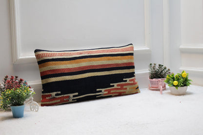 Striped Kilim Lumbar Pillow Cover: Organic Wool Turkish Pillow Case (12x24in)