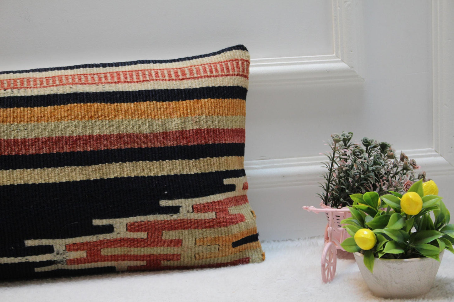 Striped Kilim Lumbar Pillow Cover: Organic Wool Turkish Pillow Case (12x24in)