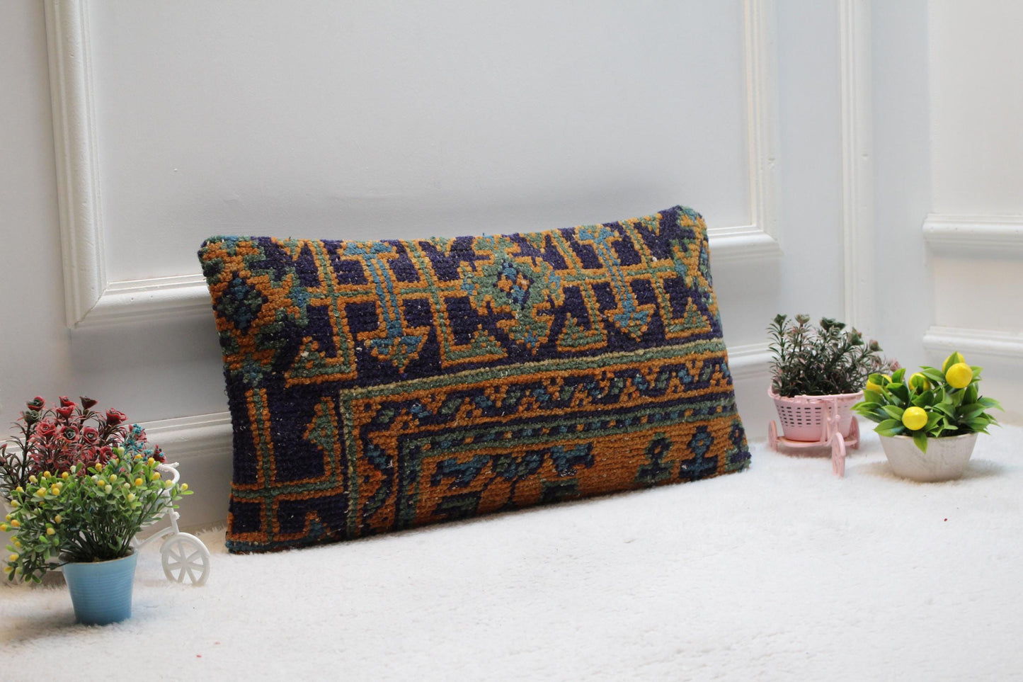 Handmade Turkish Rug Pillow Cover: Upcycled Kilim Lumbar Pillow (12x24 inc)