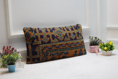 Handmade Turkish Rug Pillow Cover: Upcycled Kilim Lumbar Pillow (12x24 inc)